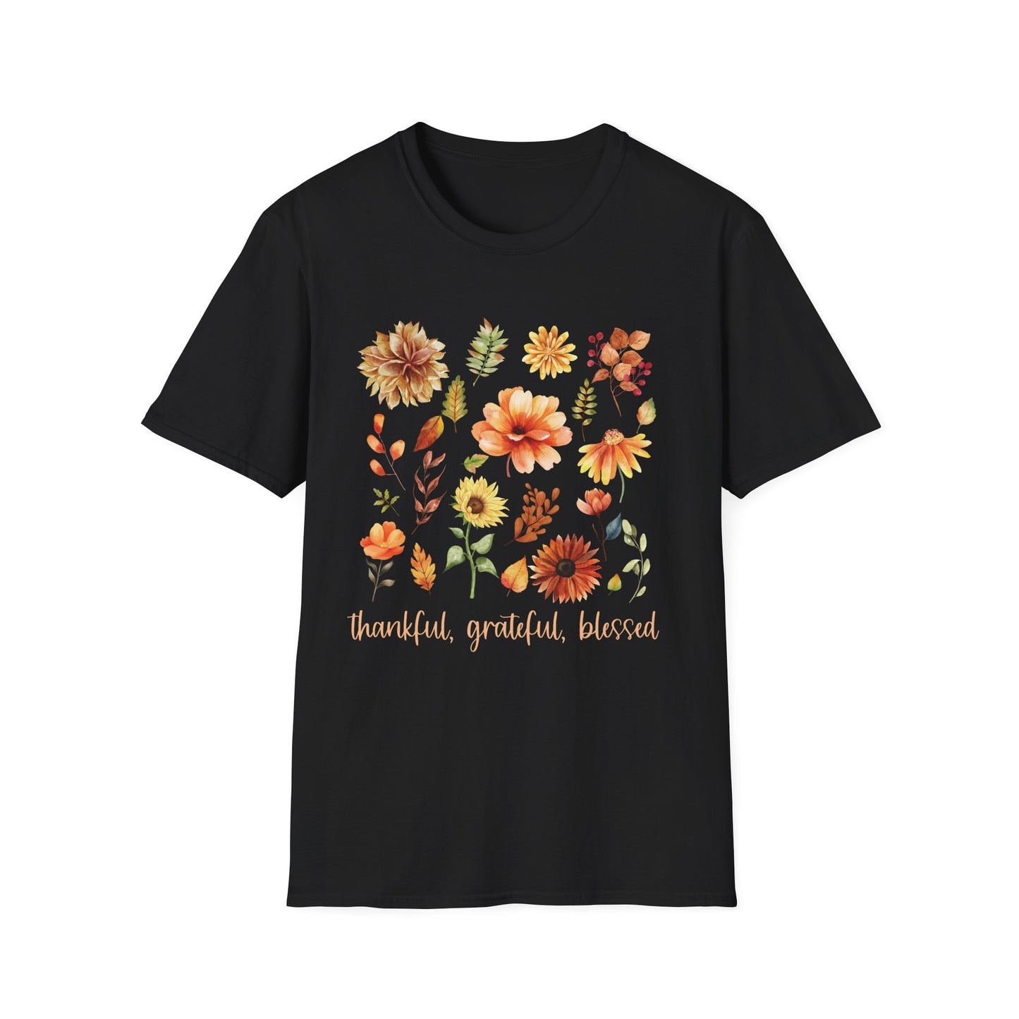 Thankful Grateful Blessed T-Shirt & Sweatshirt | Inspirational Fall Apparel | Cozy Christian Graphic Tee Unisex Softstyle T-Shirt