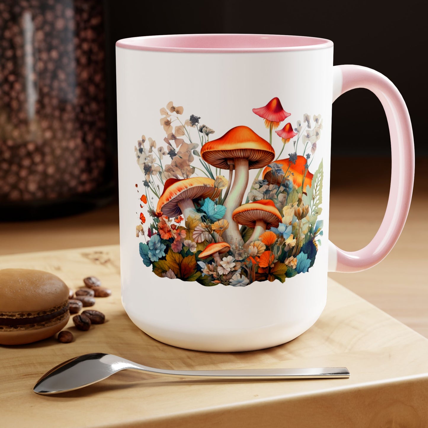 Mystical Mushroom Two-Tone Mugs, 15oz- Aesthetic Fungi Coffee Mug - Botanical Plant Lover Gifts for Friend -Design printed on both sides