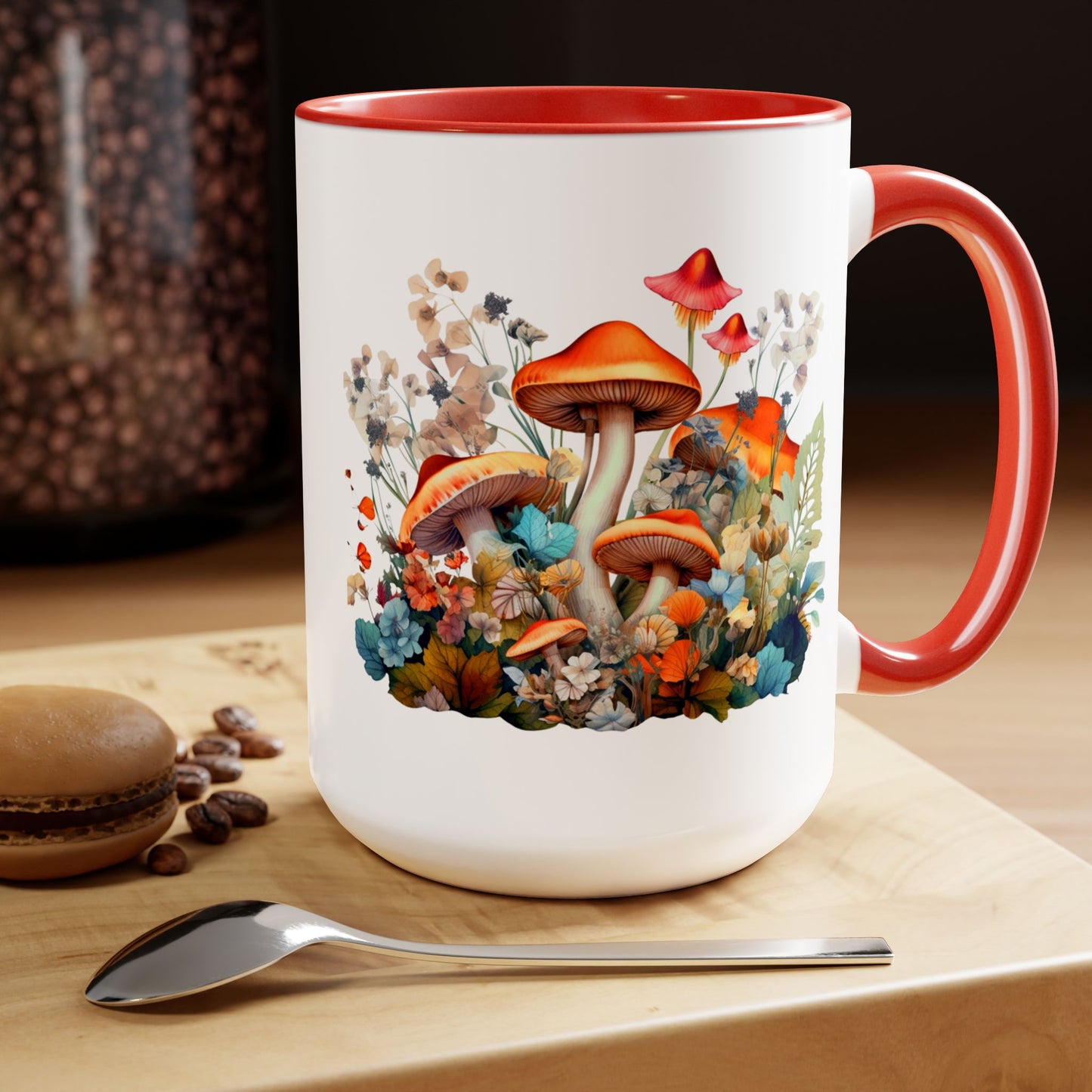 Mystical Mushroom Two-Tone Mugs, 15oz- Aesthetic Fungi Coffee Mug - Botanical Plant Lover Gifts for Friend -Design printed on both sides
