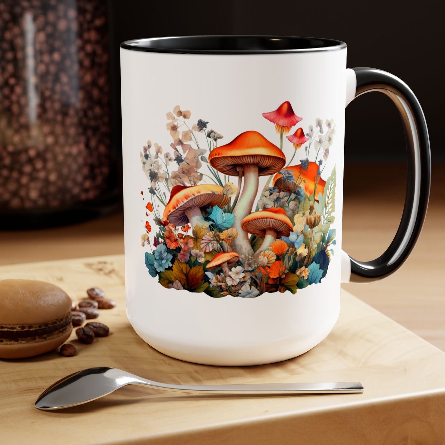 Mystical Mushroom Two-Tone Mugs, 15oz- Aesthetic Fungi Coffee Mug - Botanical Plant Lover Gifts for Friend -Design printed on both sides