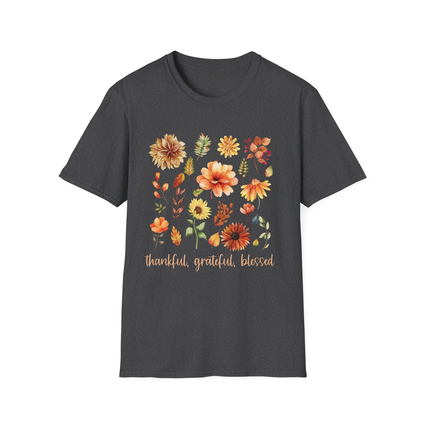 Thankful Grateful Blessed T-Shirt & Sweatshirt | Inspirational Fall Apparel | Cozy Christian Graphic Tee Unisex Softstyle T-Shirt