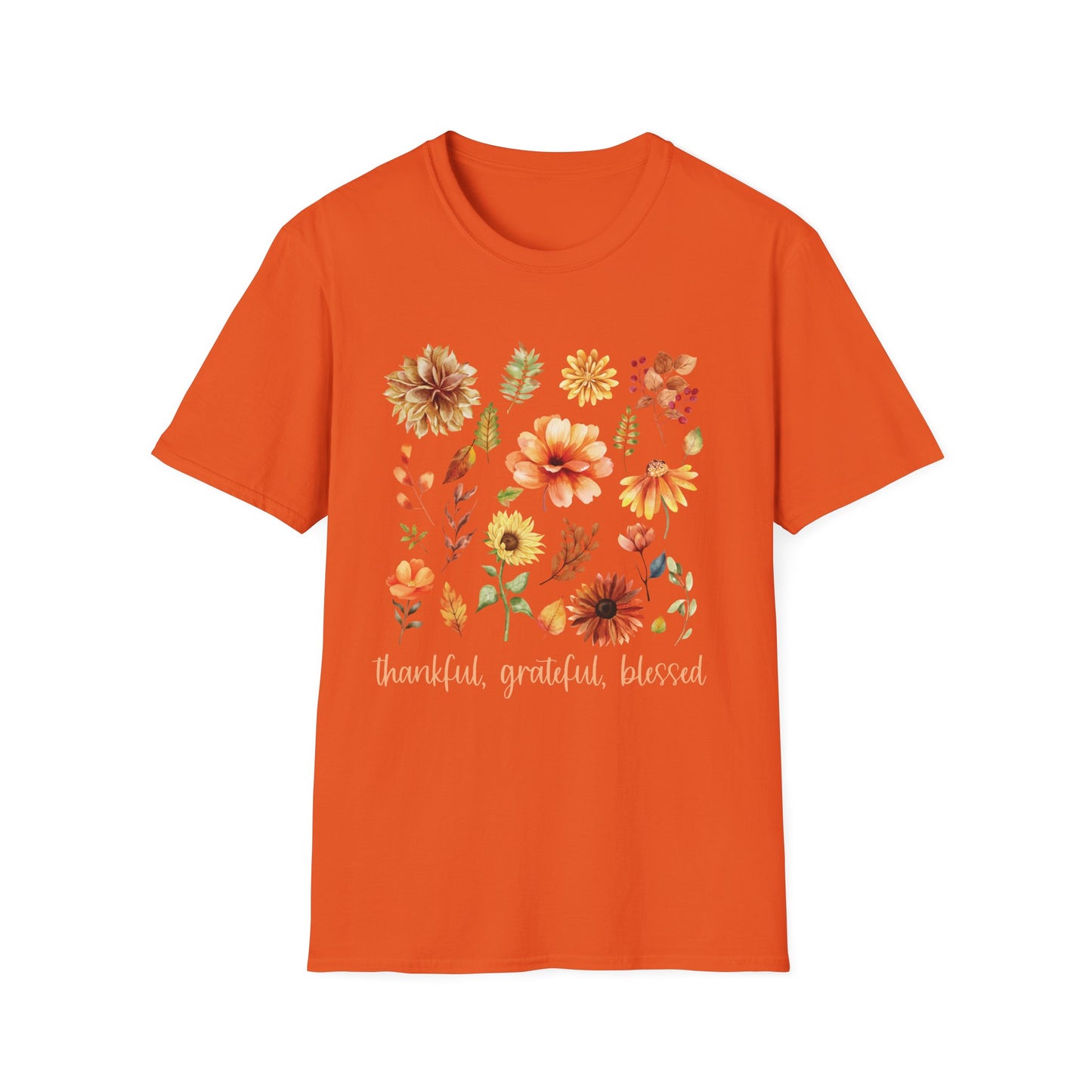Thankful Grateful Blessed T-Shirt & Sweatshirt | Inspirational Fall Apparel | Cozy Christian Graphic Tee Unisex Softstyle T-Shirt