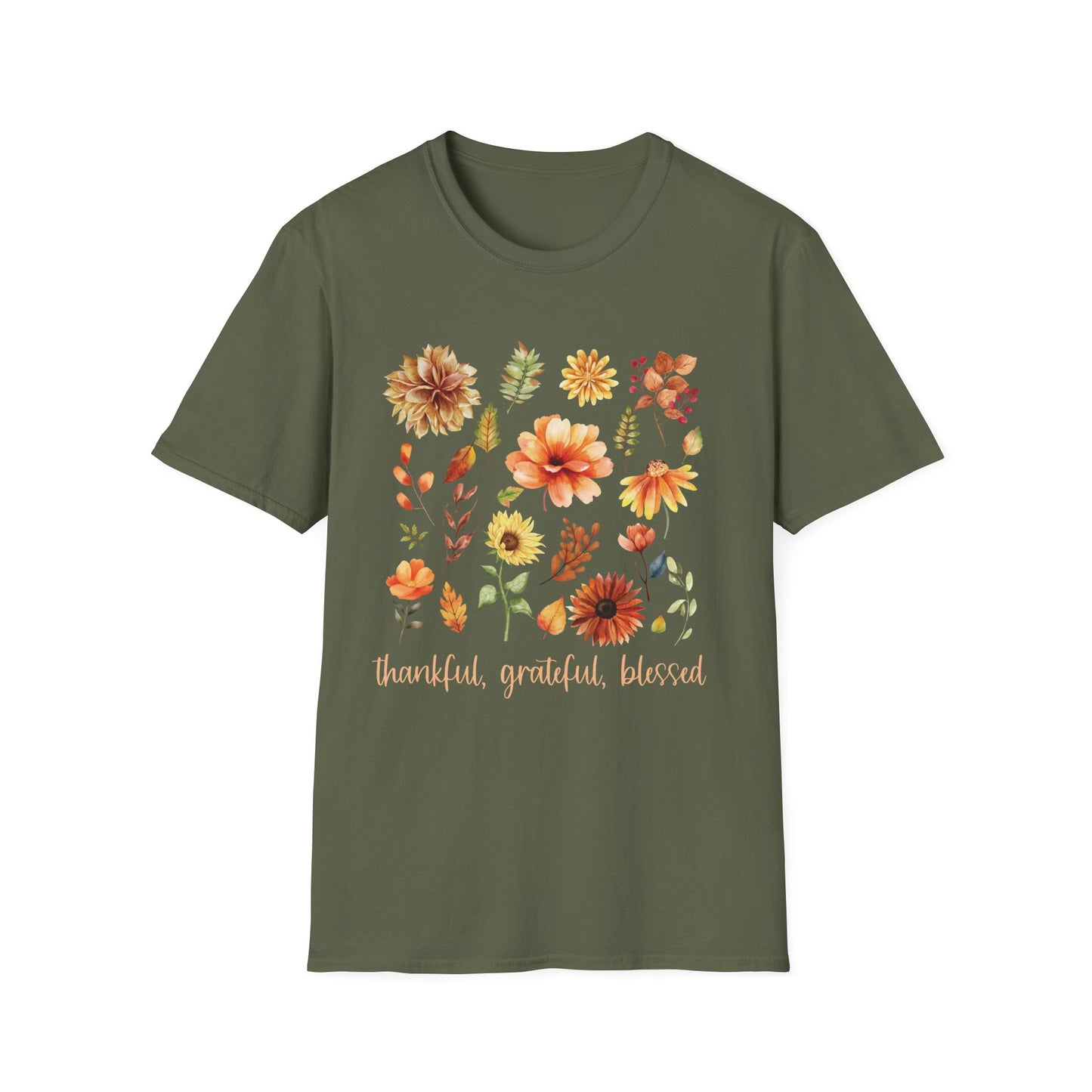 Thankful Grateful Blessed T-Shirt & Sweatshirt | Inspirational Fall Apparel | Cozy Christian Graphic Tee Unisex Softstyle T-Shirt
