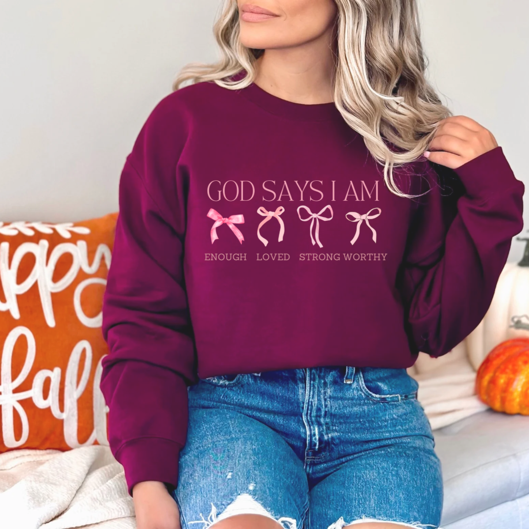 God Says I Am Sweatshirt, Coquette Bow Sweatshirt, Cute Winter Sweatshirt, Religious Sweater, Christian Women sweats, Retro Religion