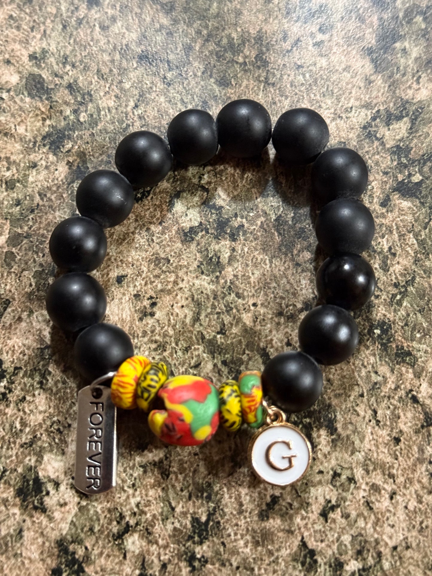 Ghana Glass Bead Bracelet – Black Matte Beads with Colorful African Krobo Beads, “Forever” Charm & Personalized Initial Charm – Inspirational African Jewelry