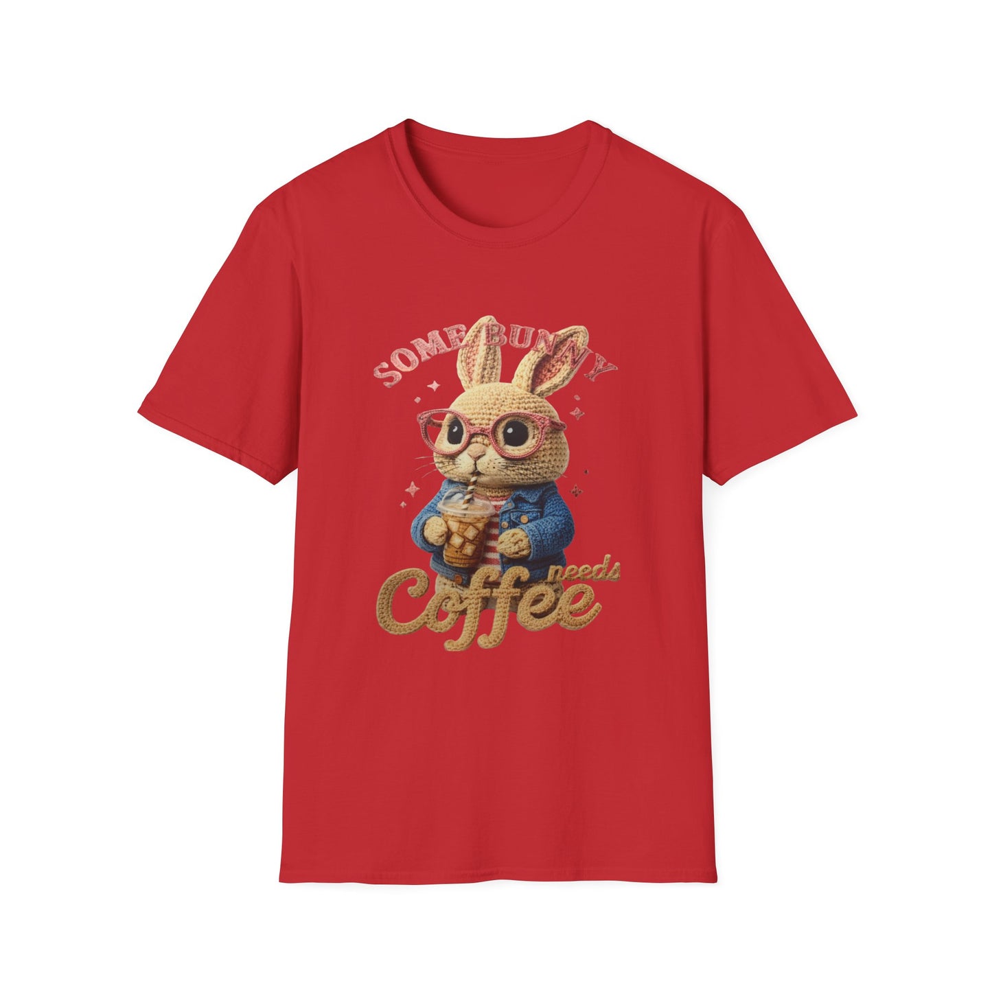 Some Bunny Needs Coffee Hoodie, Funny Rabbit Sweatshirt, Crochet Style Bunny T-Shirt, Coffee Lover Gift, Cute Animal Pullover, Spring Apparel Unisex Softstyle T-Shirt