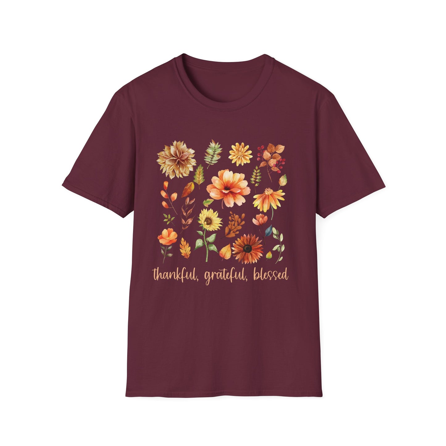 Thankful Grateful Blessed T-Shirt & Sweatshirt | Inspirational Fall Apparel | Cozy Christian Graphic Tee Unisex Softstyle T-Shirt