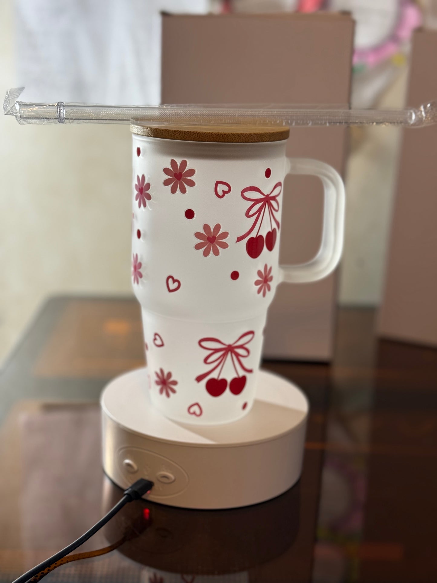 Frosted Cherry Glass Tumbler - 20oz Iced Coffee Cup with Bamboo Lid