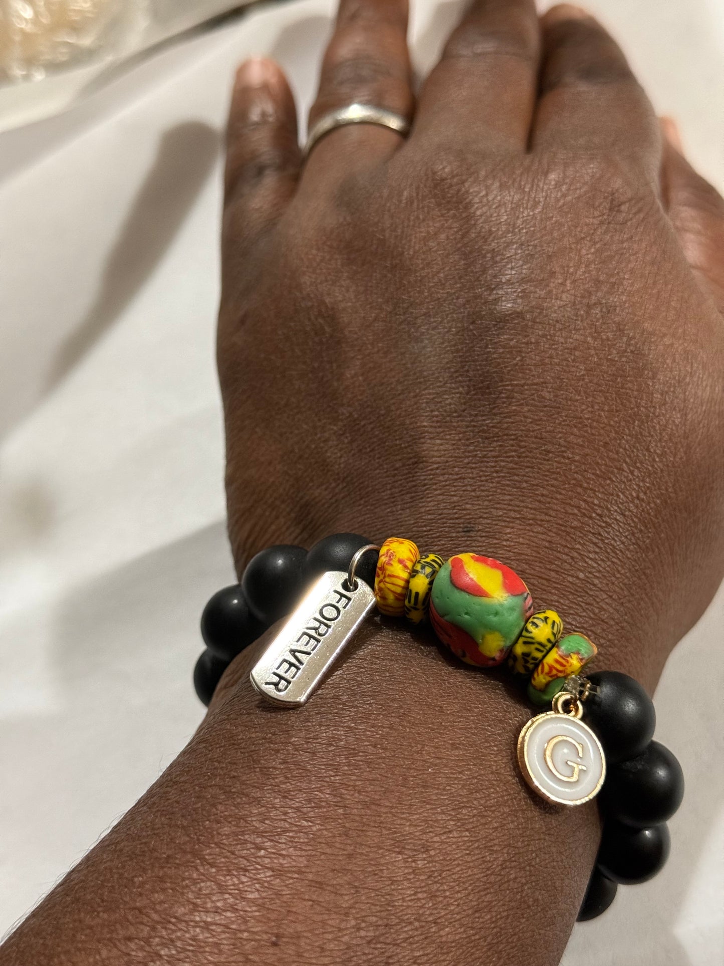 Ghana Glass Bead Bracelet – Black Matte Beads with Colorful African Krobo Beads, “Forever” Charm & Personalized Initial Charm – Inspirational African Jewelry