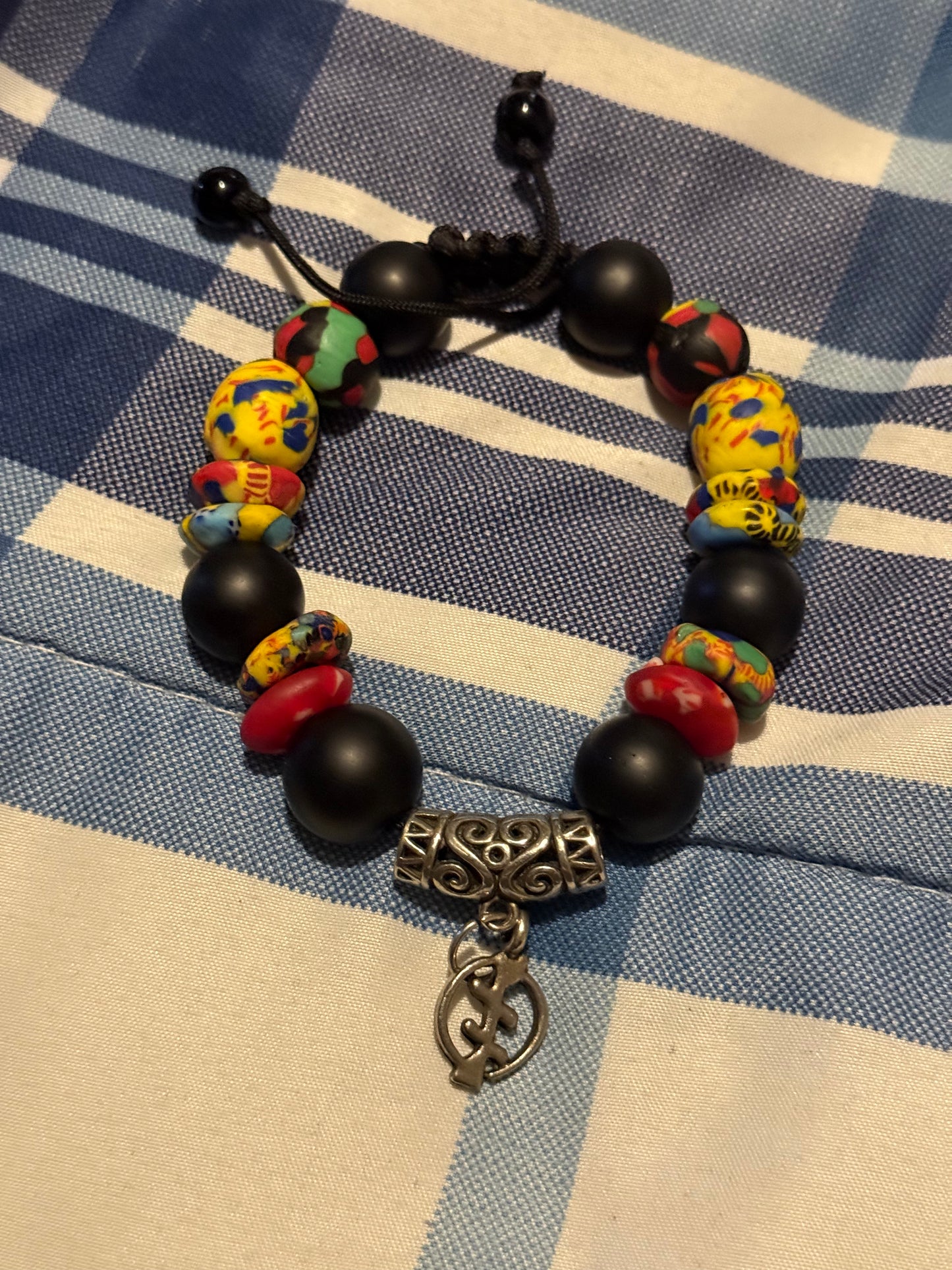 Colorful African Beaded Bracelet with Adinkra Symbol Charm | Handmade Adjustable Tribal Jewelry | Ethnic Black & Multicolor Statement Bracelet