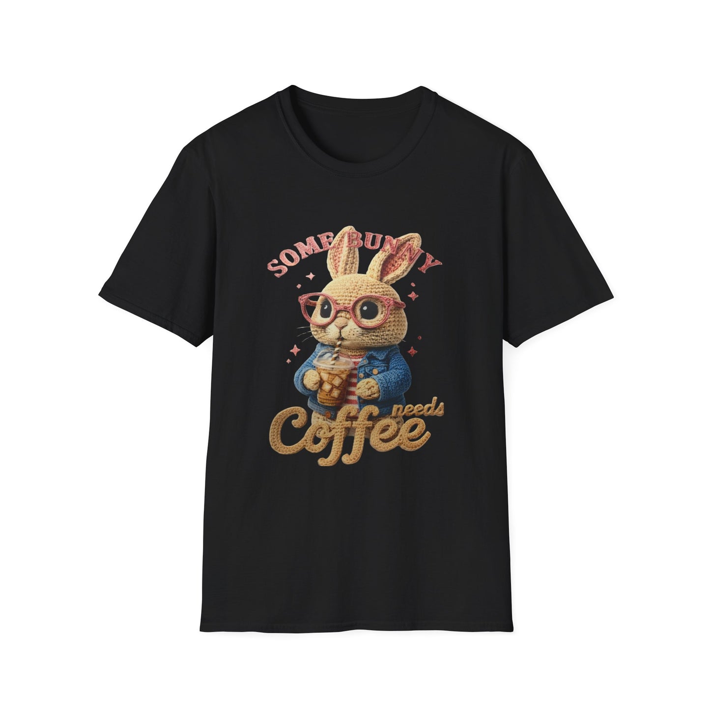 Some Bunny Needs Coffee Hoodie, Funny Rabbit Sweatshirt, Crochet Style Bunny T-Shirt, Coffee Lover Gift, Cute Animal Pullover, Spring Apparel Unisex Softstyle T-Shirt