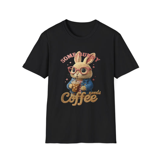 Some Bunny Needs Coffee Hoodie, Funny Rabbit Sweatshirt, Crochet Style Bunny T-Shirt, Coffee Lover Gift, Cute Animal Pullover, Spring Apparel Unisex Softstyle T-Shirt