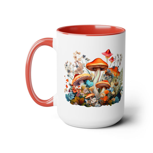Mystical Mushroom Two-Tone Mugs, 15oz- Aesthetic Fungi Coffee Mug - Botanical Plant Lover Gifts for Friend -Design printed on both sides