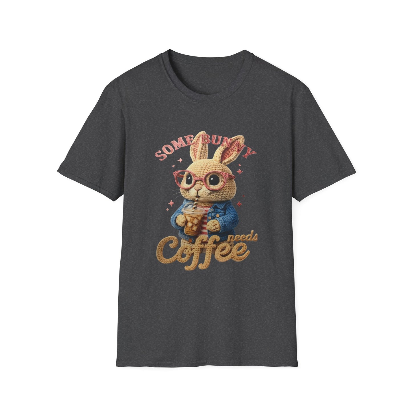 Some Bunny Needs Coffee Hoodie, Funny Rabbit Sweatshirt, Crochet Style Bunny T-Shirt, Coffee Lover Gift, Cute Animal Pullover, Spring Apparel Unisex Softstyle T-Shirt
