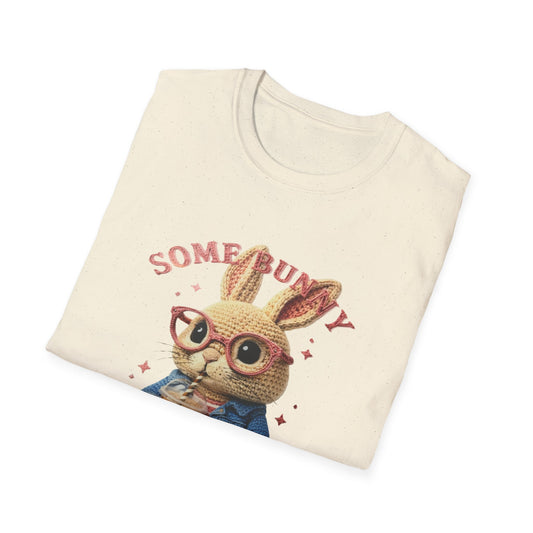 Some Bunny Needs Coffee Hoodie, Funny Rabbit Sweatshirt, Crochet Style Bunny T-Shirt, Coffee Lover Gift, Cute Animal Pullover, Spring Apparel Unisex Softstyle T-Shirt