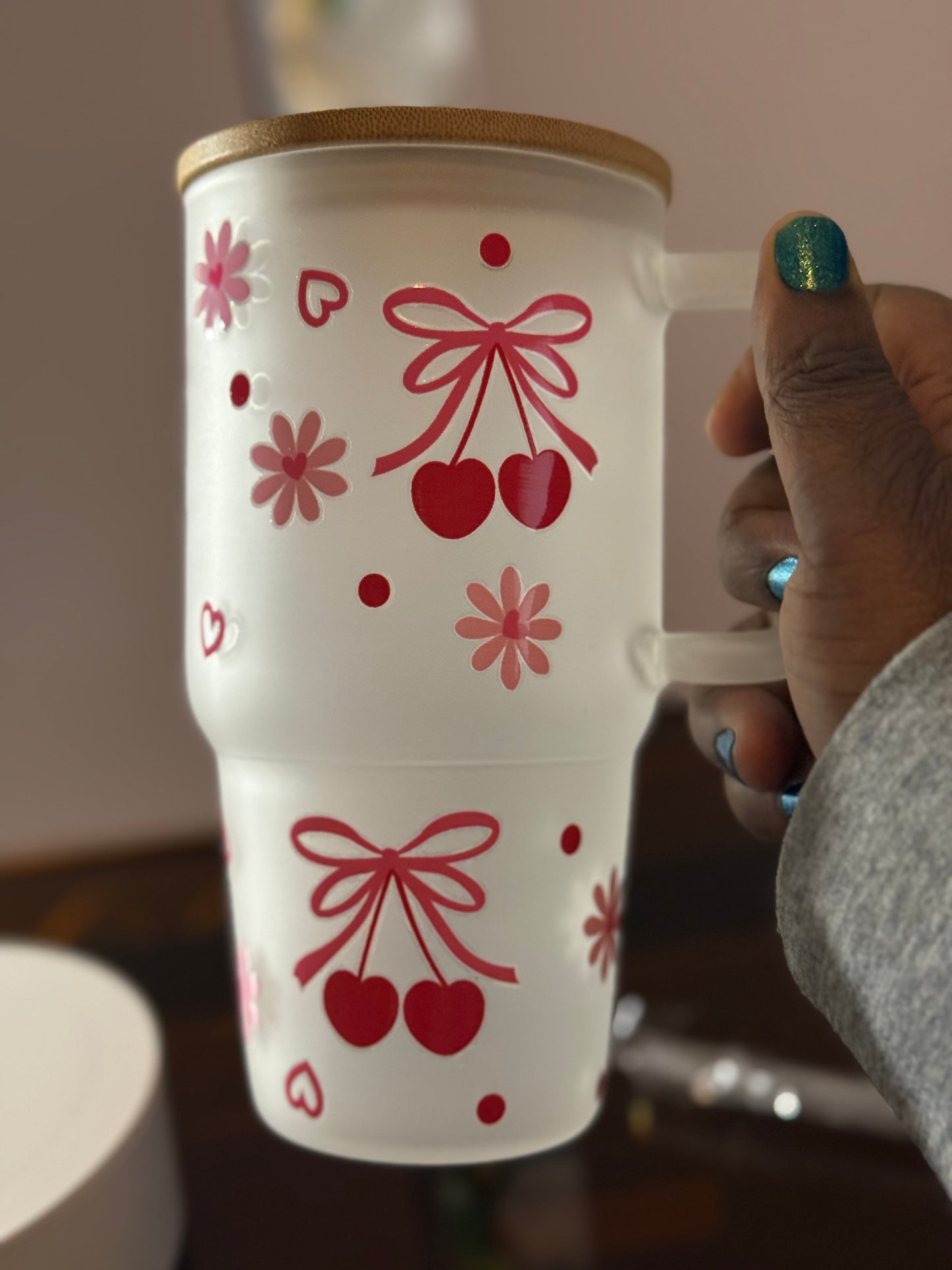 Frosted Cherry Glass Tumbler - 20oz Iced Coffee Cup with Bamboo Lid