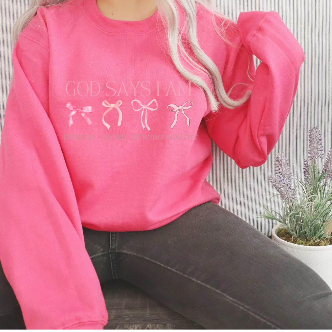 God Says I Am Sweatshirt, Coquette Bow Sweatshirt, Cute Winter Sweatshirt, Religious Sweater, Christian Women sweats, Retro Religion