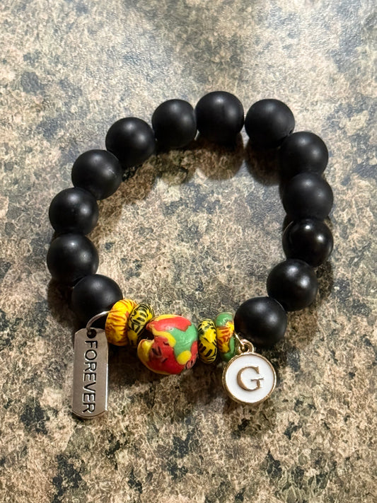 Ghana Glass Bead Bracelet – Black Matte Beads with Colorful African Krobo Beads, “Forever” Charm & Personalized Initial Charm – Inspirational African Jewelry