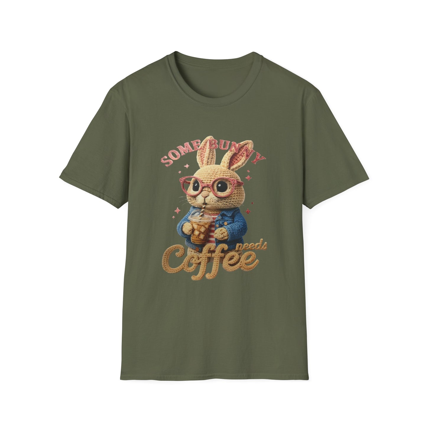 Some Bunny Needs Coffee Hoodie, Funny Rabbit Sweatshirt, Crochet Style Bunny T-Shirt, Coffee Lover Gift, Cute Animal Pullover, Spring Apparel Unisex Softstyle T-Shirt