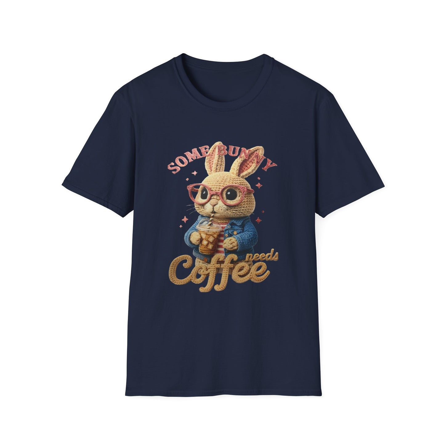 Some Bunny Needs Coffee Hoodie, Funny Rabbit Sweatshirt, Crochet Style Bunny T-Shirt, Coffee Lover Gift, Cute Animal Pullover, Spring Apparel Unisex Softstyle T-Shirt
