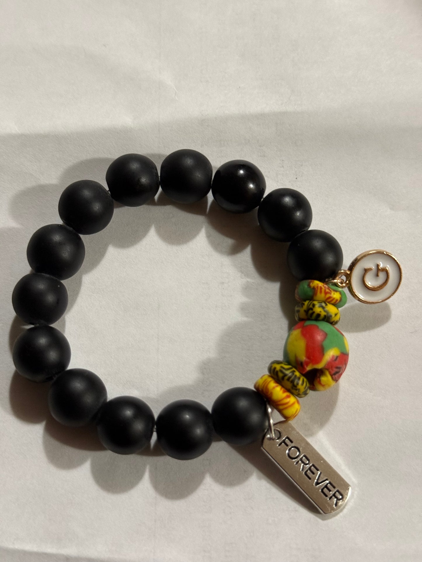 Ghana Glass Bead Bracelet – Black Matte Beads with Colorful African Krobo Beads, “Forever” Charm & Personalized Initial Charm – Inspirational African Jewelry