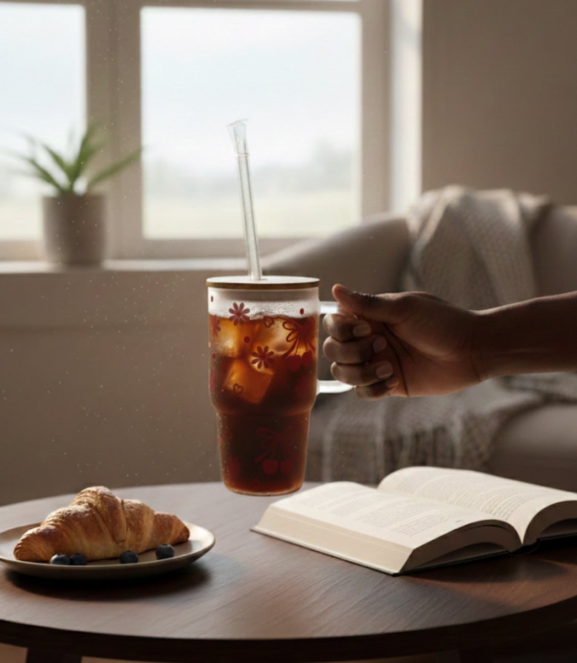 Frosted Cherry Glass Tumbler - 20oz Iced Coffee Cup with Bamboo Lid
