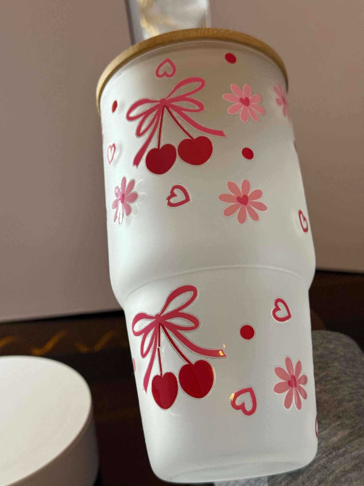 Frosted Cherry Glass Tumbler - 20oz Iced Coffee Cup with Bamboo Lid