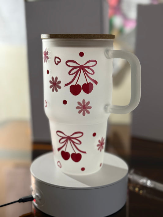 Frosted Cherry Glass Tumbler - 20oz Iced Coffee Cup with Bamboo Lid