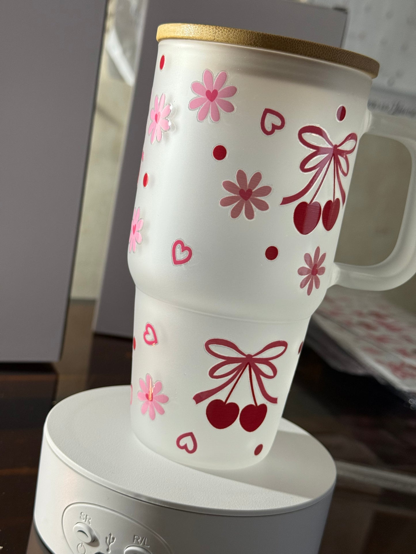 Frosted Cherry Glass Tumbler - 20oz Iced Coffee Cup with Bamboo Lid