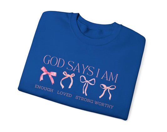 God Says I Am Sweatshirt, Coquette Bow Sweatshirt, Cute Winter Sweatshirt, Religious Sweater, Christian Women sweats, Retro Religion
